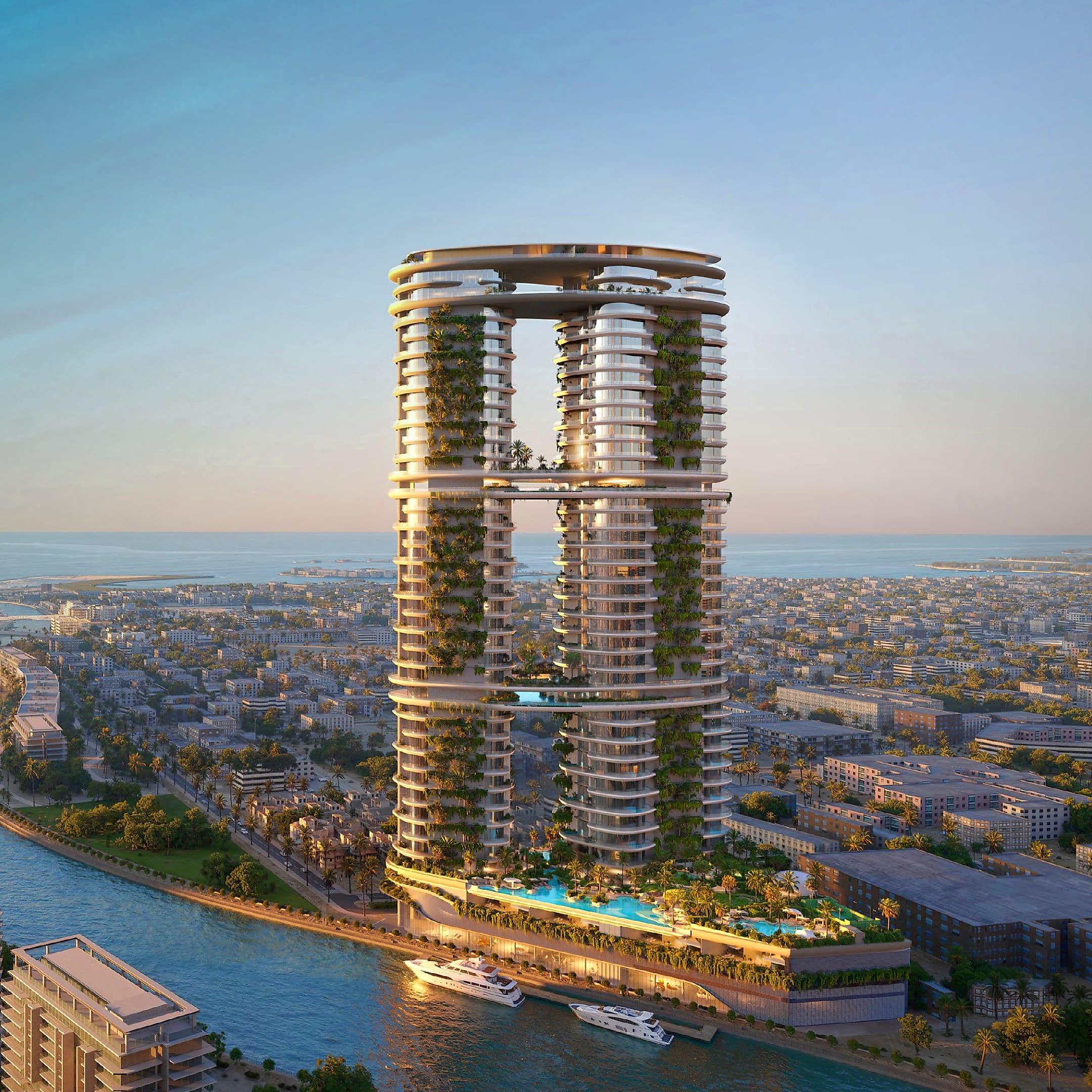 Amali Residences rising above Dubai Water Canal at golden hour