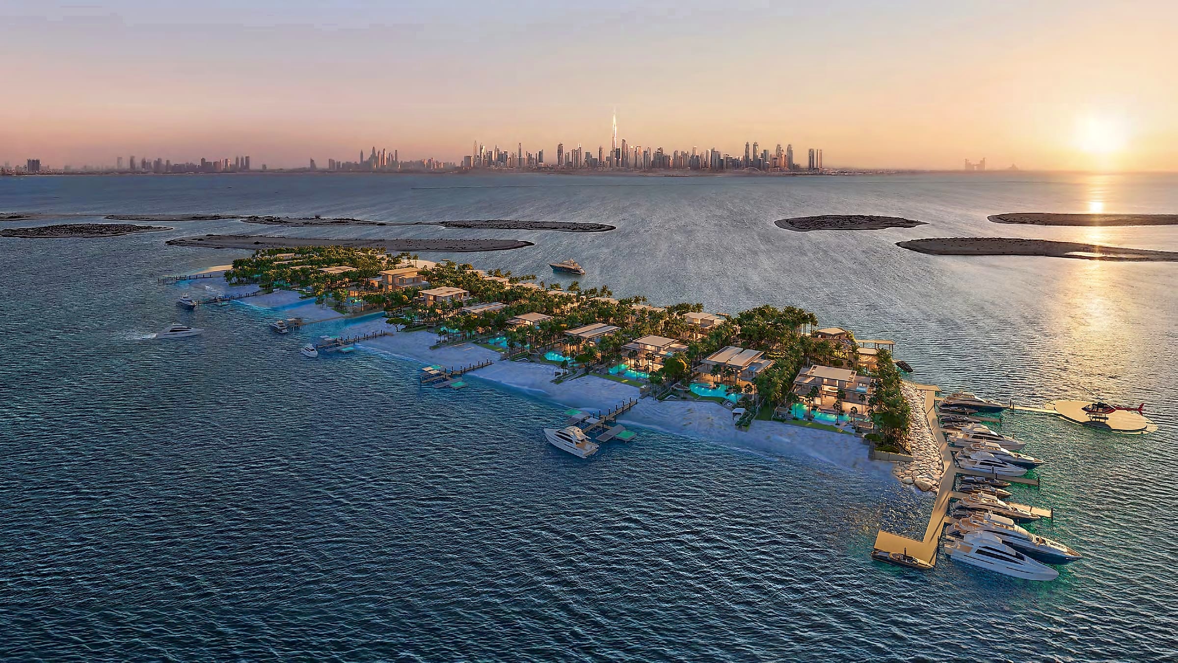 Amali Island at sunset with the Dubai skyline