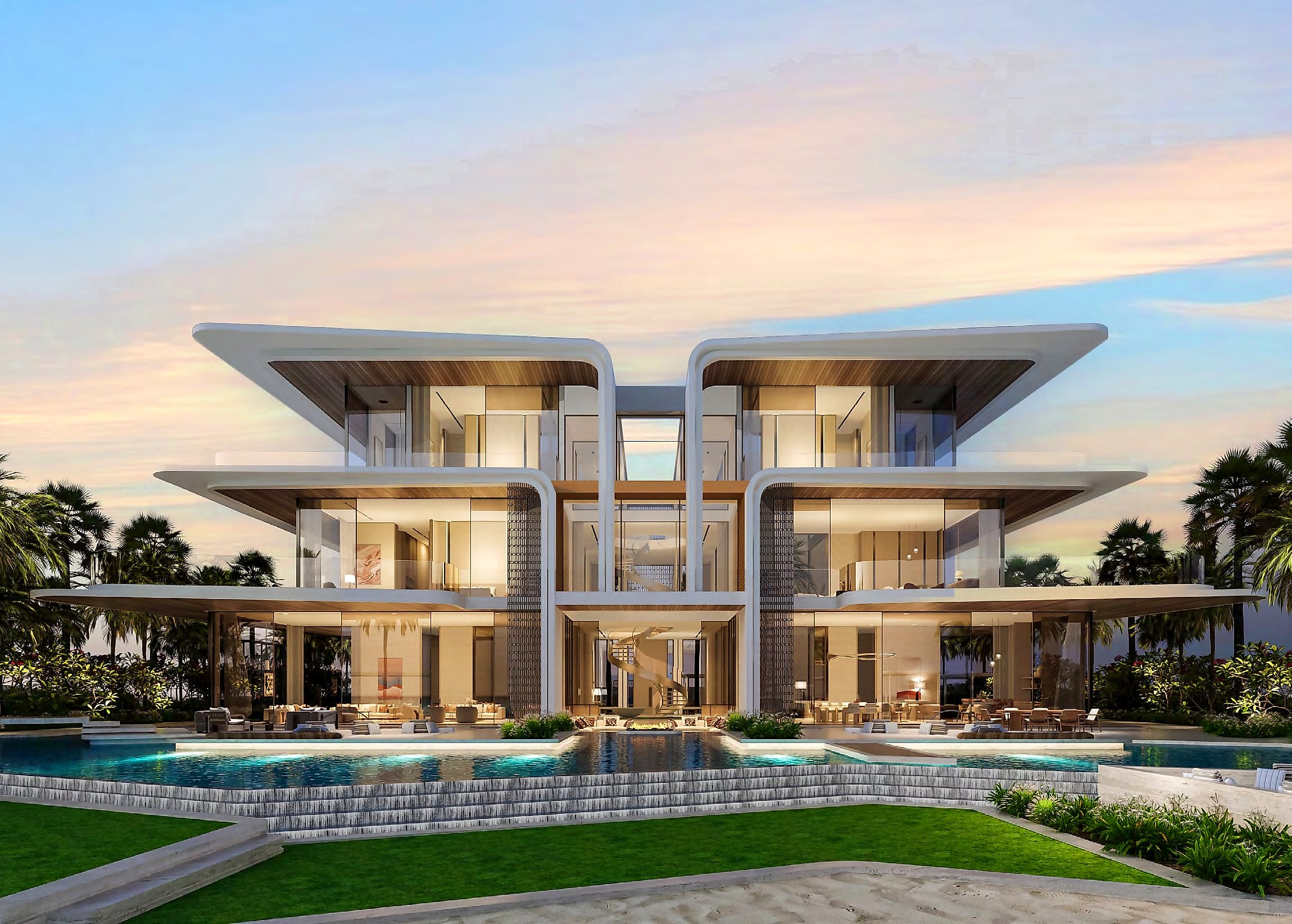 Aria Grande beach mansion on Amali Island at dusk